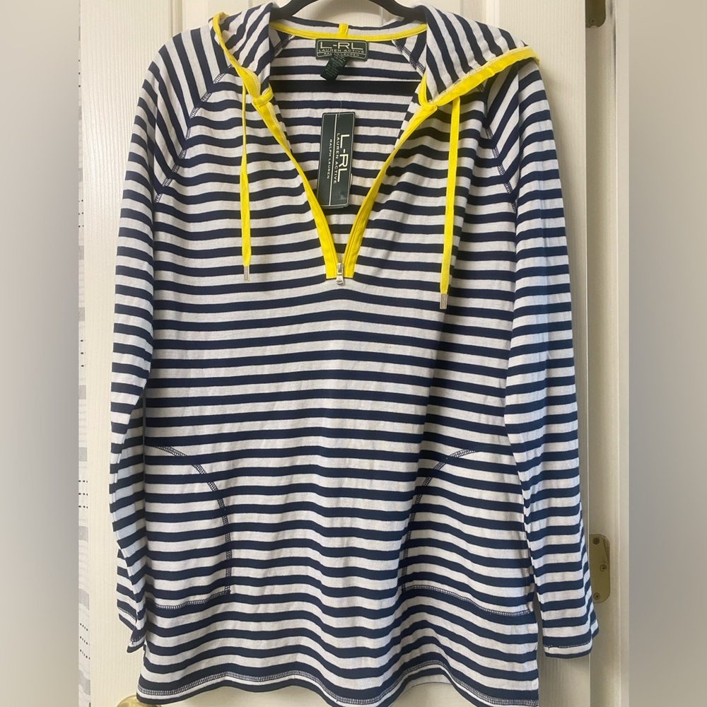 Lauren Ralph Lauren Navy & White Striped Hoodie with Yellow Accents Size XL NWT